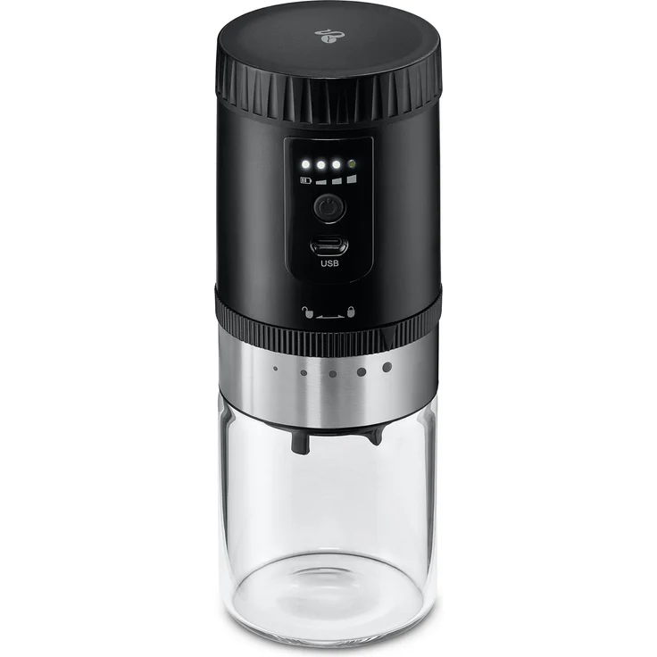 Tchibo akkubetriebene Kaffeemühle, Glas-Auffangbehälter, Edelstahl-Mahlgradring, 5 Mahlgradeinstellungen, Schwarz/Silber – Bild 2