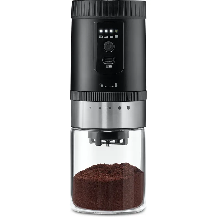 Tchibo akkubetriebene Kaffeemühle, Glas-Auffangbehälter, Edelstahl-Mahlgradring, 5 Mahlgradeinstellungen, Schwarz/Silber