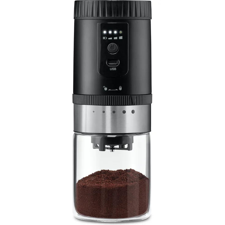 Tchibo akkubetriebene Kaffeemühle, Glas-Auffangbehälter, Edelstahl-Mahlgradring, 5 Mahlgradeinstellungen, Schwarz/Silber – Bild 1
