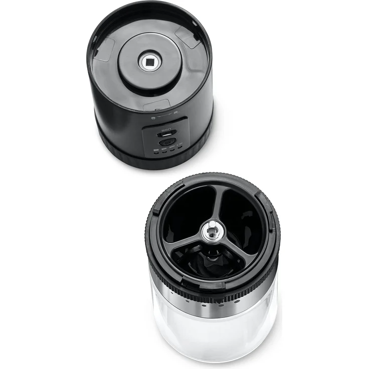 Tchibo akkubetriebene Kaffeemühle, Glas-Auffangbehälter, Edelstahl-Mahlgradring, 5 Mahlgradeinstellungen, Schwarz/Silber – Bild 4