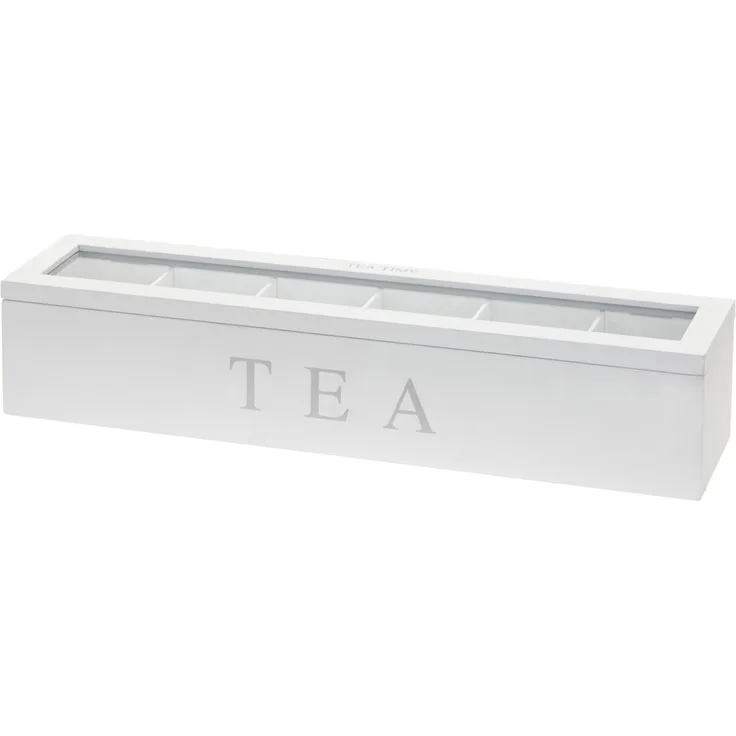 Teebox mit 6 Fächern TEA, Teebehälter, Holz Teekiste mit transparent Glasdeckel, Teekasten, Teebeutelbox, Aufbewahrung 43x9x9 cm
