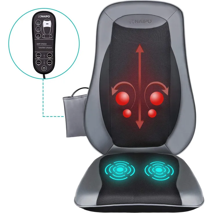 NAIPO Rücken Massagegerät Massagesitzauflagen mit Shiatsu Wärme Tiefenmassage Rollmassage Vibration für oberen unteren komplett Rücken MGBK-2606H