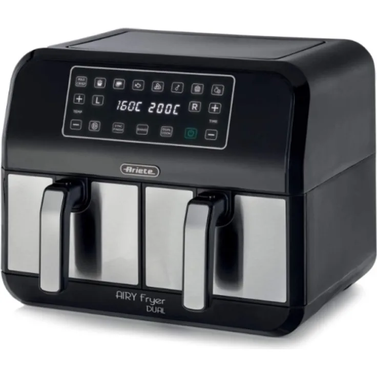 Ariete 4624 Heißluftfritteuse, ohne Fett, 1700 Watt, 8 Liter, 35 bis 200 °C, 60 min Timer, LED, 2 Frittierkammer, schwarz