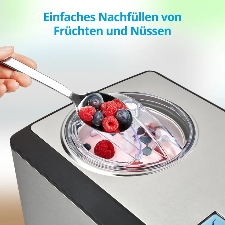 Medion MD 18883 Eismaschine, mit Kompressor, 180 Watt, bis -35 °C, Einfüllöffnung, für Joghurt, Speiseeis, Frozen Joghurt, 2 Liter, Display, Edelstahl, silber – Bild 4