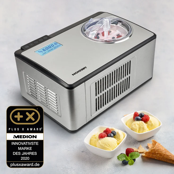 Medion MD 18883 Eismaschine, mit Kompressor, 180 Watt, bis -35 °C, Einfüllöffnung, für Joghurt, Speiseeis, Frozen Joghurt, 2 Liter, Display, Edelstahl, silber – Bild 3