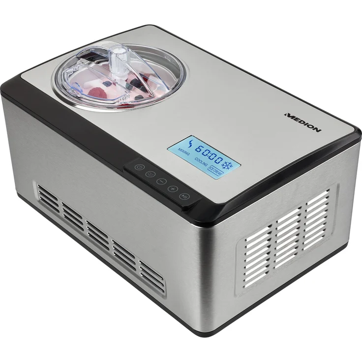 Medion MD 18883 Eismaschine, mit Kompressor, 180 Watt, bis -35 °C, Einfüllöffnung, für Joghurt, Speiseeis, Frozen Joghurt, 2 Liter, Display, Edelstahl, silber – Bild 1