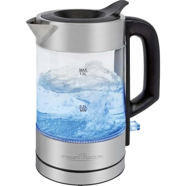 ProfiCook PC-WKS 1229 Glas-Wasserkocher, 1 Liter, Wasserstandsanzeige, LED-Beleuchtung, Kontrollleuchte, silber, schwarz – Bild 1