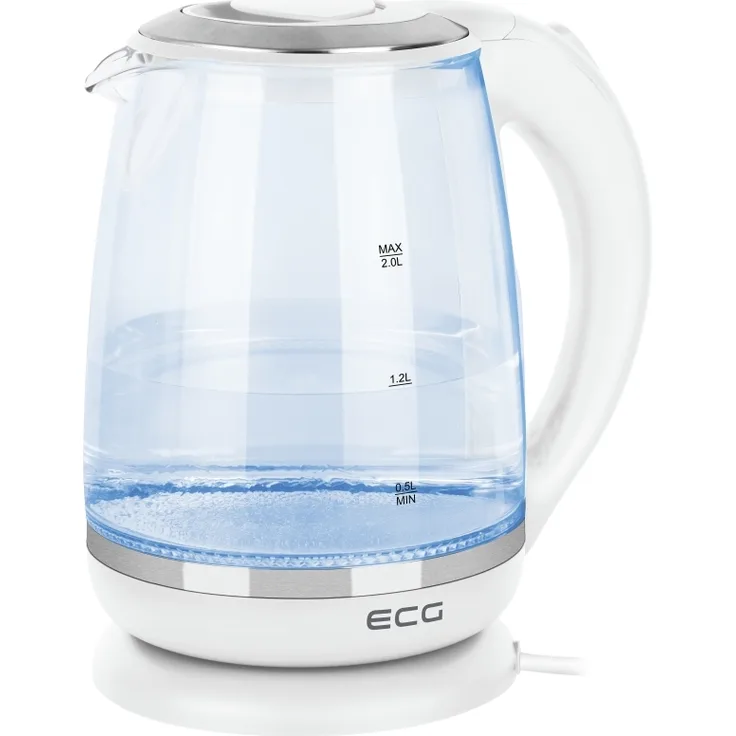 ECG RK 2020 Glas-Wasserkocher, 2 Liter, 2200 W, kabelllos, Abschaltautomatik, Überhitzungschutz, weiß