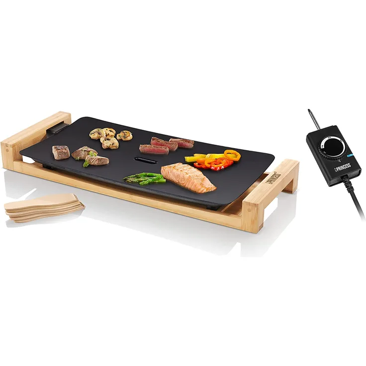 Princess 103026 Elektro Teppan Yaki Tischgrill, 2200 Watt, 50 x 25 cm Grillflläche, Bambus, schwarz
