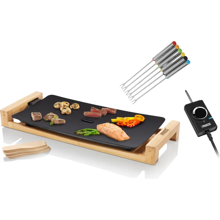 Princess 103S026 Teppanyaki Grillplatte, 2200Watt, 50 x 25 cm Grillfläche, inkl. 6 Gabeln, Thermostat, schwarz, natur