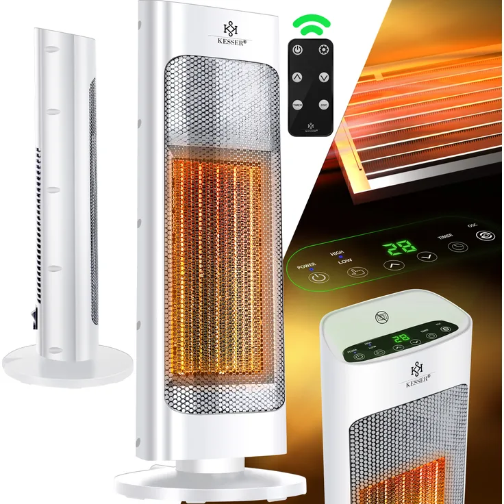 KESSER Heizlüfter mit Fernbedienung energiesparend leise 2000W Keramik Heizstrahler Standheizstrahler 15-30°C - Schnellheizer mit 80° Oszillationsfunktion 24h Timer Heizung Turmheizstrahler Weiß, Heizstrahler