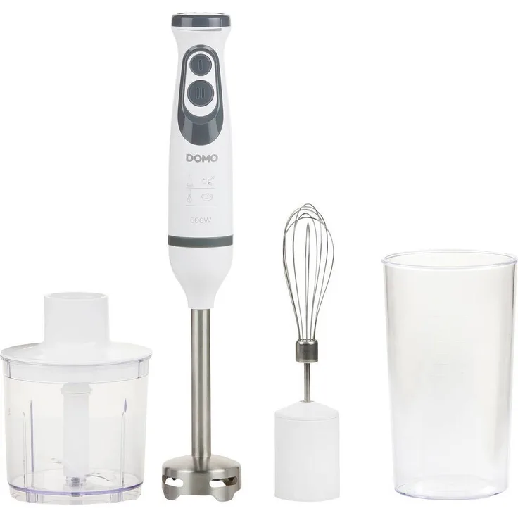 Domo DO1089M Stabmixer, 600W, variabler Geschwindigkeitskontrolle, inkl. Messbecher, Schneebesenaufsatz, Zerkleinereraufsatz, weiß