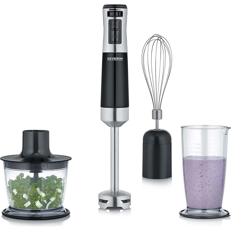 Severin 3772 Stabmixer 600W, Mixstab mit stufenloser Geschwindigkeitseinstellung, abnehmbarer Pürierstab, inkl. Schneebesen, Mixbehälter, Universalzerkleinere, Edelstahl (gebürstet), Schwarz – Bild 1