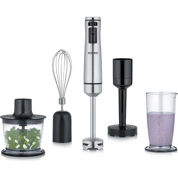 Severin 3774 Stabmixer 1000W, Mixstab mit 4-Klingen-Edelstahlmesser, abnehmbarer Pürierstab mit Mixbehälter, inkl. Mixbehälter, Schneebesen, Kartoffelstampfer, Zerkleinerer, edelstahl – Bild 1