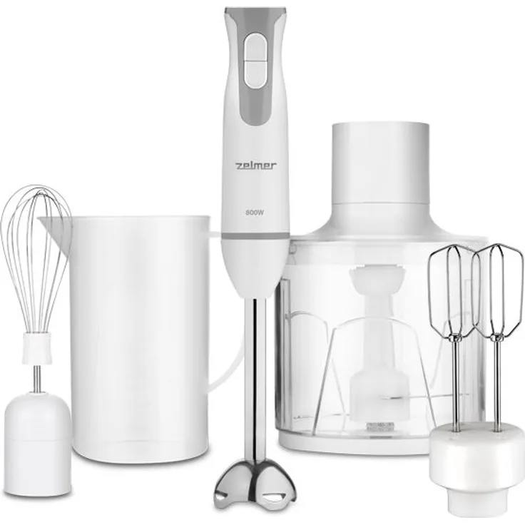 Zelmer ZHB 4553S Stabmixer-Set, 800 W, Turbo-Funktion, inkl. Schneebesen, Doppel-Schneebese, Mixbehälter, Zerkleinerer, Kunststoff, weiß