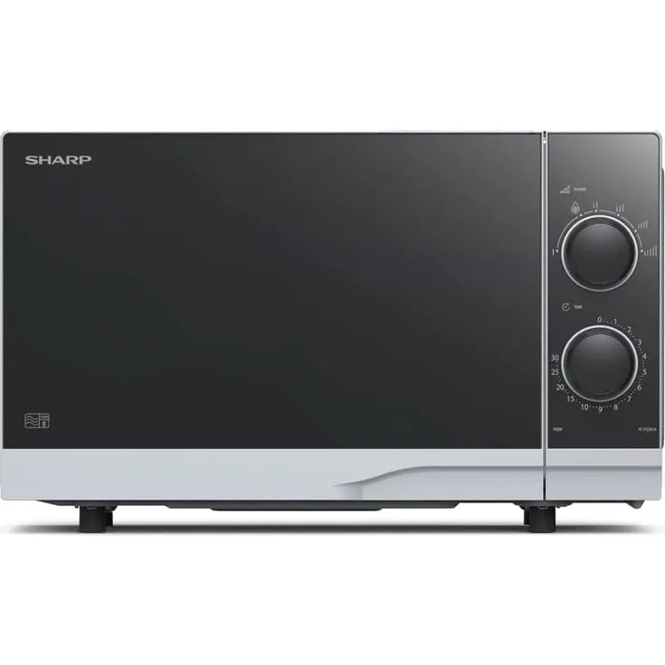 Sharp YC-PS201AE-S Mikrowelle, Standgerät, 20 Liter Garraum, 700 Watt, 6 Leistungsstufen, Auftaufunktion, silber, schwarz
