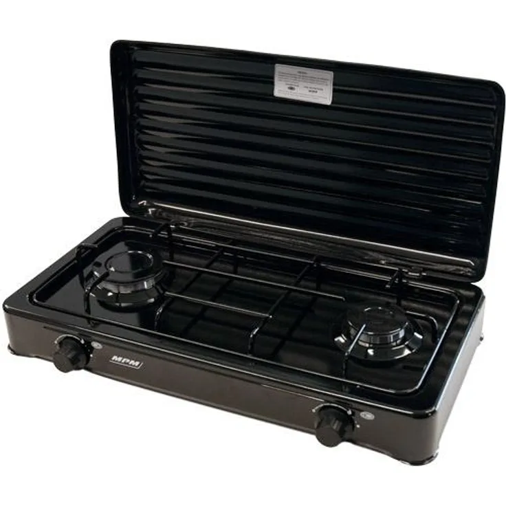 MPM Smile-KN-02 Gaskochplatte, Betriebsart Gas, 2 Zonen, Breite 57 cm, Emailliertes Gehäuse, Emaillierter Grill, Emaillierte Brenner, schwarz