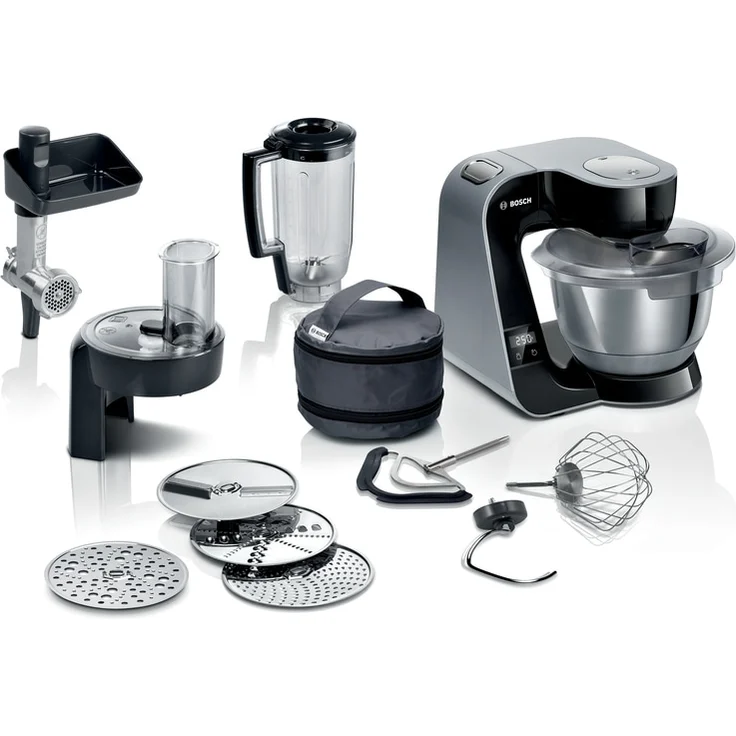 Bosch MUM5XC4E Küchenmaschine, 1000 Watt, 3,9 Liter Edelstahlschüssel, 3D PlanetaryMixing, EasyArmLift, mit Waage, Kunststoff, schwarz, silber