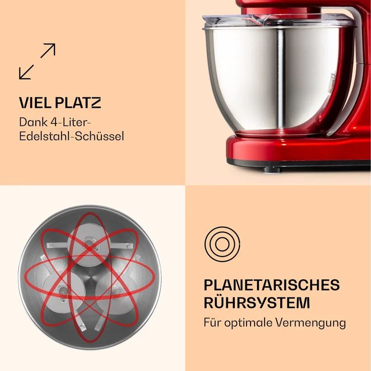 Klarstein Bella Mini Rührmaschine, 1200 W, 6 Geschwindigkeitsstufen, 4 Liter Edelstahl, Pulsfunktion, rot – Bild 4