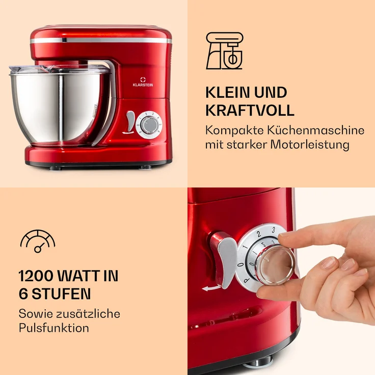 Klarstein Bella Mini Rührmaschine, 1200 W, 6 Geschwindigkeitsstufen, 4 Liter Edelstahl, Pulsfunktion, rot – Bild 3