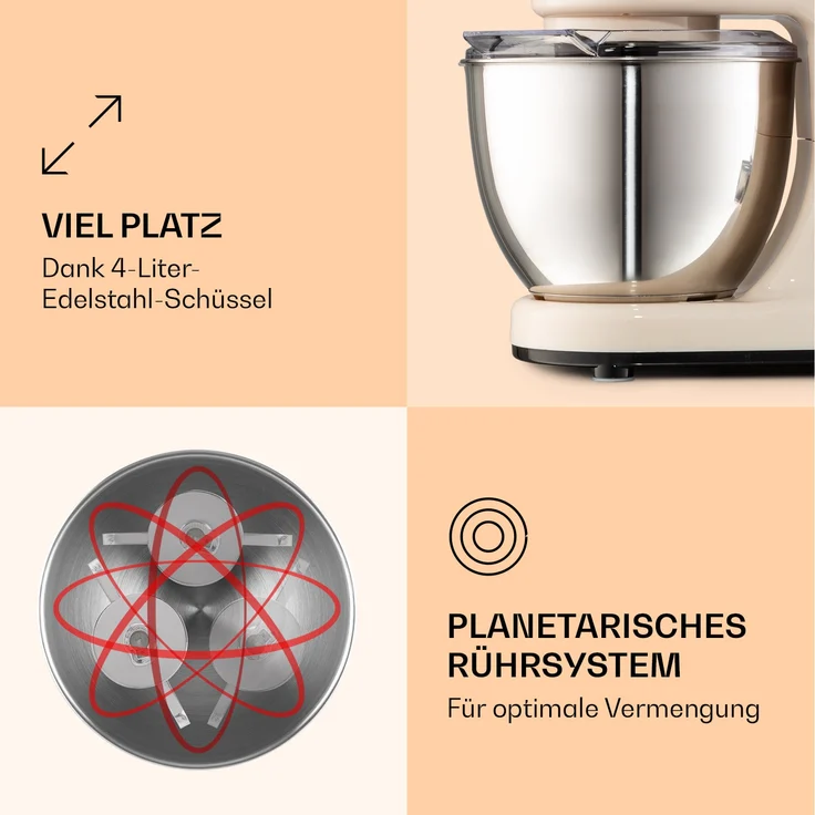 Klarstein Bella Mini Rührmaschine, 1200 W, 6 Geschwindigkeitsstufen, 4 Liter Edelstahl, Pulsfunktion, creme – Bild 4