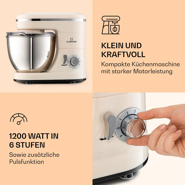 Klarstein Bella Mini Rührmaschine, 1200 W, 6 Geschwindigkeitsstufen, 4 Liter Edelstahl, Pulsfunktion, creme – Bild 3