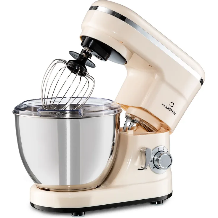 Klarstein Bella Mini Rührmaschine, 1200 W, 6 Geschwindigkeitsstufen, 4 Liter Edelstahl, Pulsfunktion, creme
