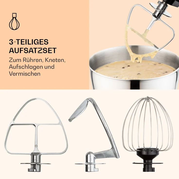 Klarstein Bella Mini Rührmaschine, 1200 W, 6 Geschwindigkeitsstufen, 4 Liter Edelstahl, Pulsfunktion, creme – Bild 5