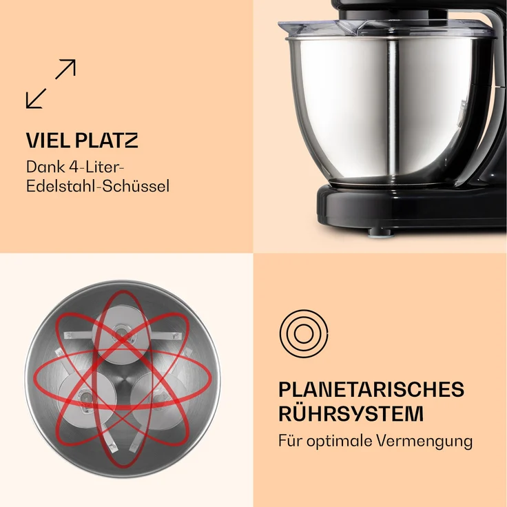 Klarstein Bella Mini Rührmaschine, 1200 W, 6 Geschwindigkeitsstufen, 4 Liter Edelstahl, Pulsfunktion, schwarz – Bild 4