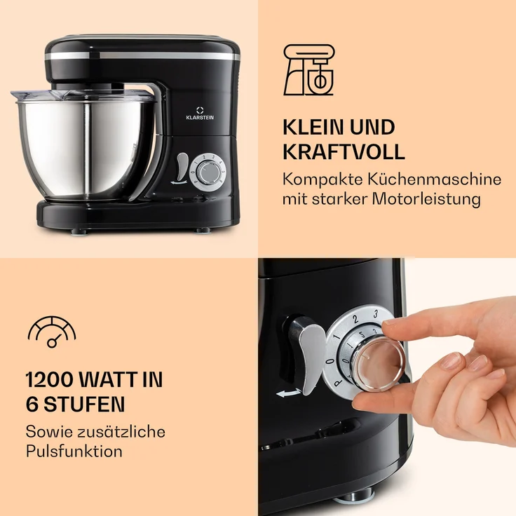 Klarstein Bella Mini Rührmaschine, 1200 W, 6 Geschwindigkeitsstufen, 4 Liter Edelstahl, Pulsfunktion, schwarz – Bild 3