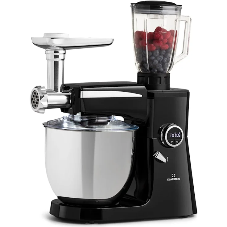 Klarstein Renata Rossa Küchenmaschine 3-in-1, 2000 W, 2,7 PS, 5 Liter Edelstahl Schüssel, inkl. Standmixer-, Fleischwolf-Aufsatz, schwarz – Bild 1
