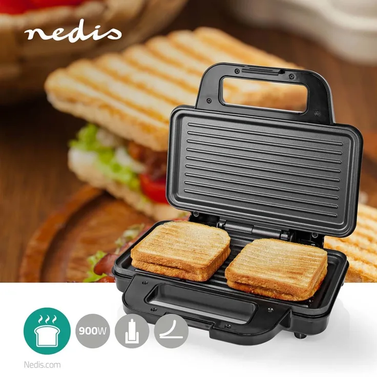 Nedis KASG100FBK Sandwichmaker, 900 W, 26.8 x 14.5 cm, Automatischer Temperaturkontrolle, Aluminium, Kunststoff, schwarz