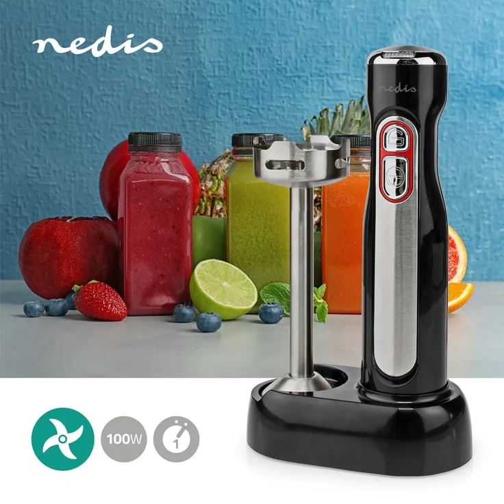 Nedis KAHB600BK Stabmixer, 100 W, 1-Geschwindigkeit, kabellos, Kunststoff, Schwarz, Silber