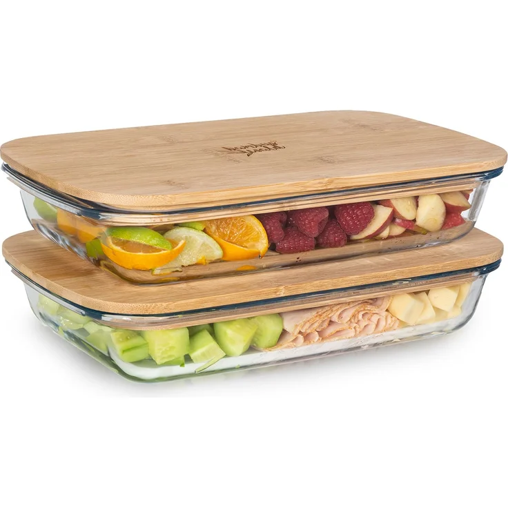 Aufschnittbox mit Deckel 1,6 Liter 2er Set Glas Bambus hitzebeständig Transparent – Bild 1