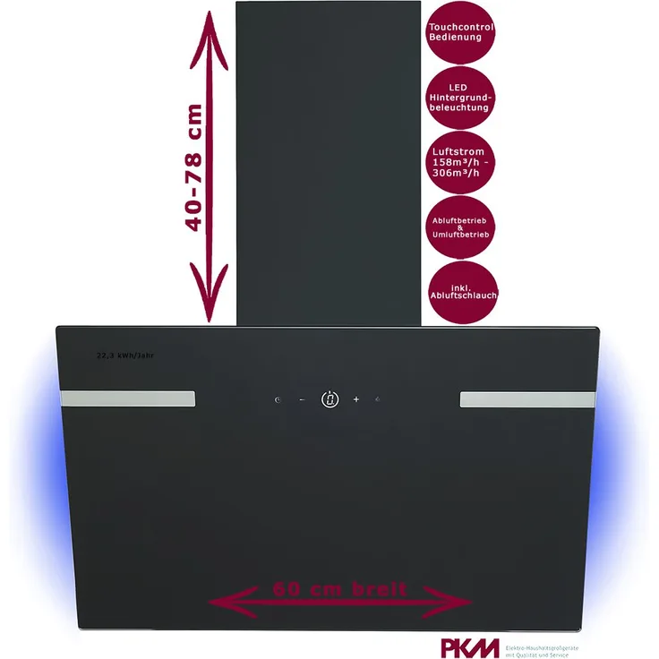 PKM Dunstabzugshaube 60cm Schwarz Glasschirm LED Hintergrundbeleuchtung Abluft