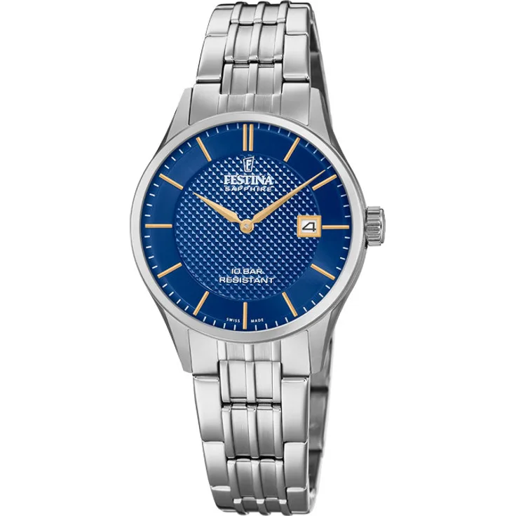 Festina Damen Uhr F20006/3 Swiss Made Edelstahl Quarz Bicolor blau