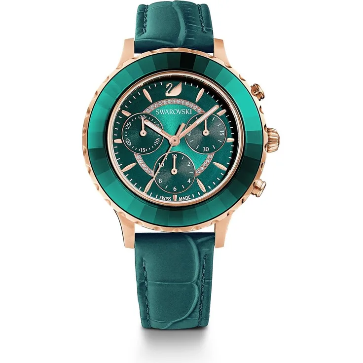 Swarovski Damen Uhr 5452498 Octea Lux Chrono Watch, Leather Strap, Green, Rose-gold tone PVD
