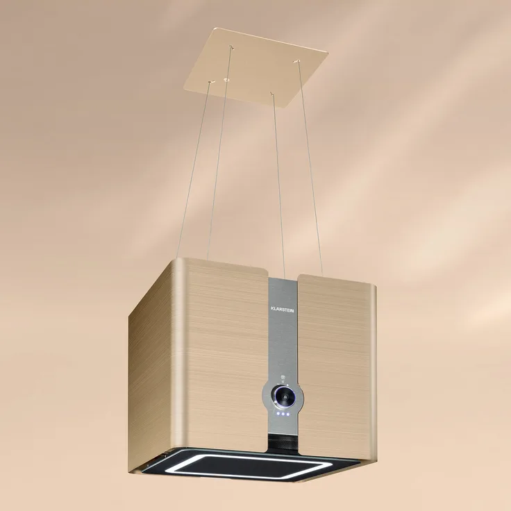Klarstein 10038708 Inselhaube, Futurelight Smart Inselabzugshaube Umluft 420m³/h LED Edelstahl, gold