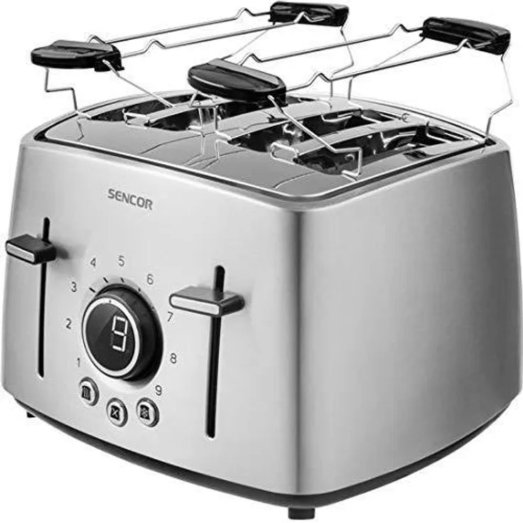 Sencor STS 5070SS 4-Schlitz-Toaster, 1600 Watt, 9 Bräunungsstufen, Display, inkl. Brötchenrost, silber
