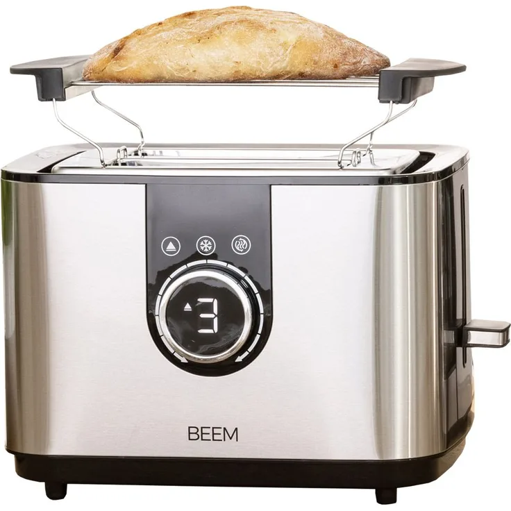 BEEM 2-Schlitz-Toaster Switch Deluxe, 900 Watt, Krümelschublade, Brötchenaufsatz, Display, Edelstahl, silber
