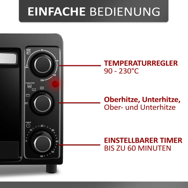 Steinborg SB-3015 Minibackofen, Standgerät, Garraum 15 l, Leistung 1300 W, Abmessungen in cm 27 x 41,5 x 32, schwarz – Bild 2