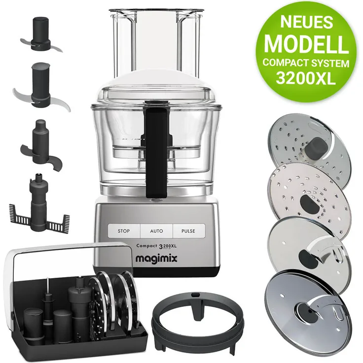 Magimix Compact System 3200 XL Foodprozessor, 650 Watt, XL Einfüllschacht, 3 verschiedene Schüsselgrößen - 2,6 Liter, 2,2 Liter und 1,2 Liter, chrom matt
