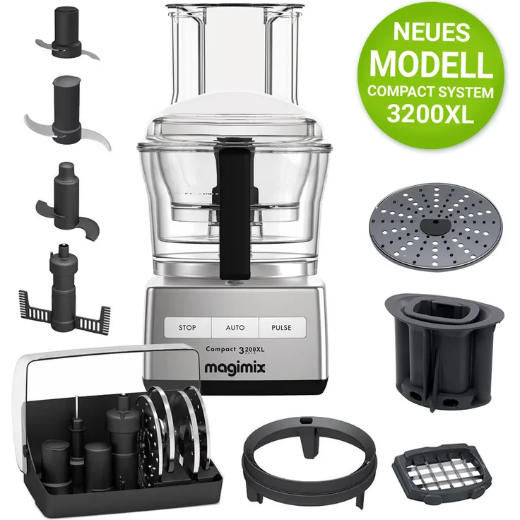Magimix 3200XL Compact Foodprozessor, 650 Watt, XL Einfüllschacht, 3 verschiedene Schüsselgrößen - 2,6 Liter, 2,2 Liter und 1,2 Liter, inkl. Würfel-Set und Schoko-Parmesan-Kartoffelreibe, chrom matt