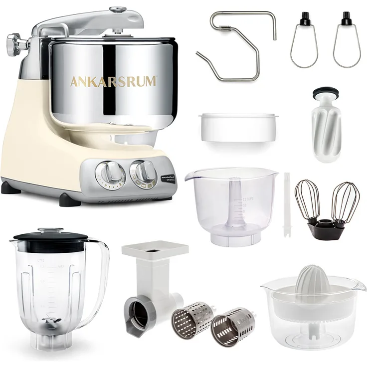 Ankarsrum Assistent Original 6230 Küchenmaschine Paket, 1550 Watt, inkl. Gemüseschneider, Zitruspresse, Mixeraufsatz, light creme