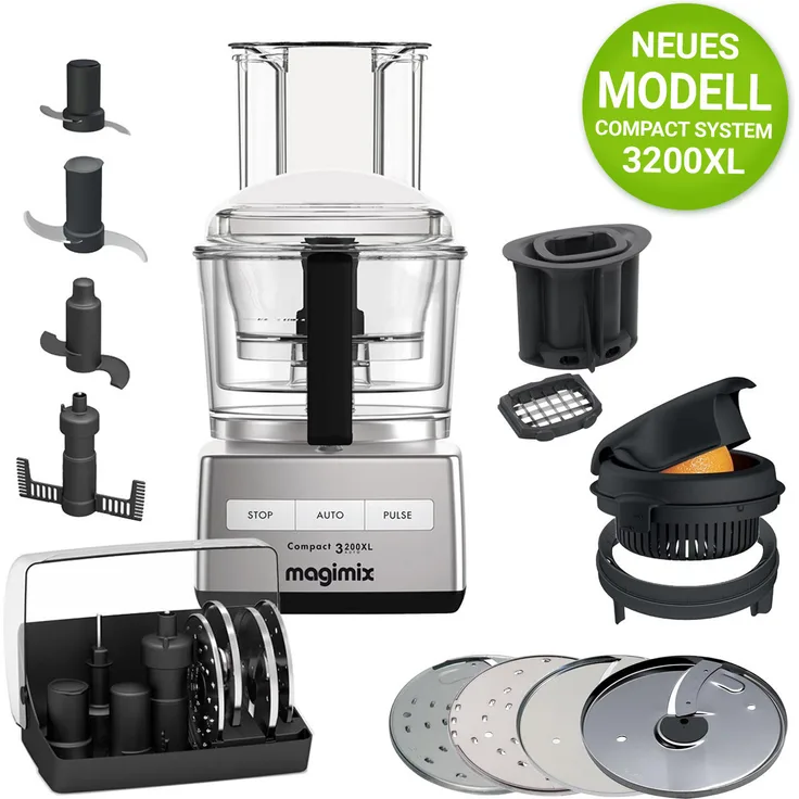 Magimix 3200XL Compact Foodprozessor, 650 Watt, XL Einfüllschacht, 3 verschiedene Schüsselgrößen - 2,6 Liter, 2,2 Liter und 1,2 Liter, inkl. Würfeleinsatz, Zitruspresse, chrom matt