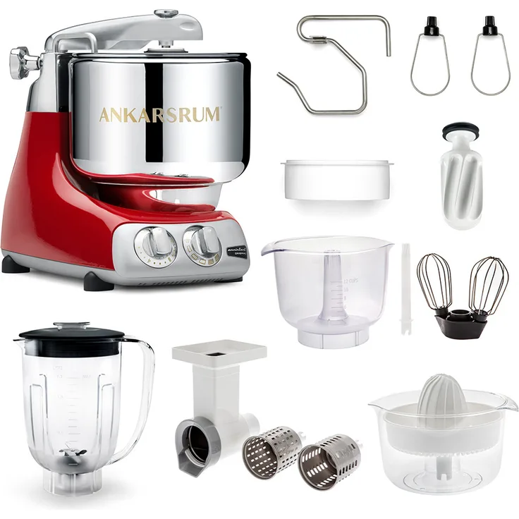 Ankarsrum Assistent Original 6230 Küchenmaschine, 1550 Watt, inkl. Gemüseschneider, Zitruspresse, Mixeraufsatz, red metallic
