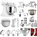 KitchenAid Artisan 5KSM175PSEWH Küchenmaschine Mega-Sommer Set, inkl. Fleischwolf, Gemüseschneider mit 3 Trommeln, Spritzgebäckvorsatz, Pastavorsatz mit 3 Walzen, Eisbereiter, 3 Liter Edelstahlschüssel, Mixschüssel, Küchenhelfer-Set, weiß, Serie: 5KSM175PS