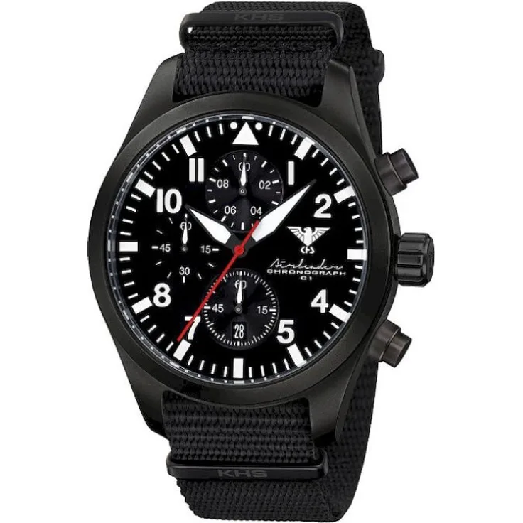 KHS Armbanduhr Herren Airleader Black Steel Chrono KHS.AIRBSC.NB, Quarzuhr, 57 mm, schwarz