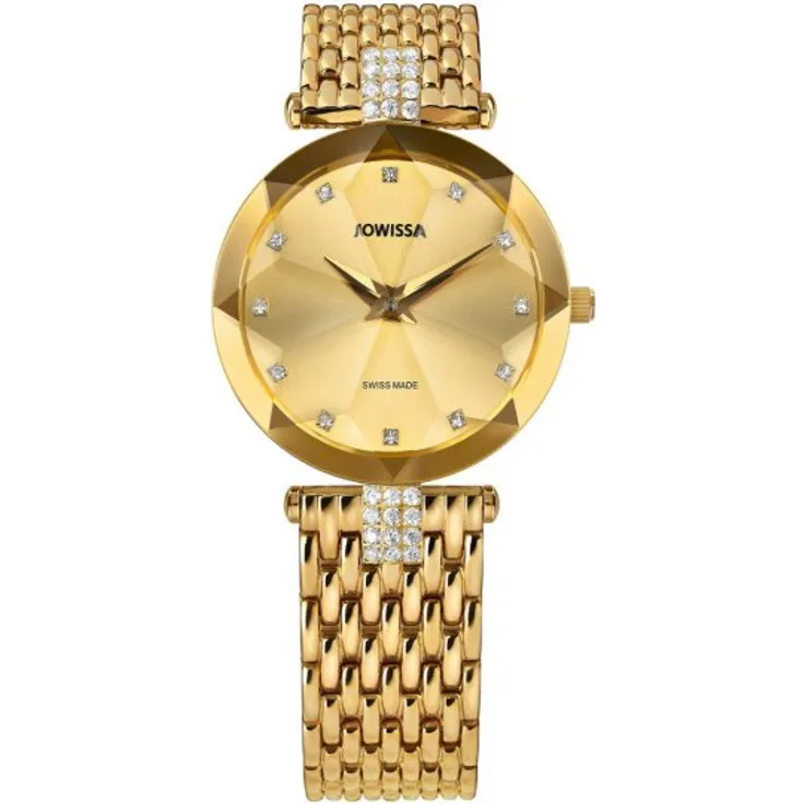JOWISSA Armbanduhr Damen Quarz Facet Strass J5.629.M, Quarzuhr, 29,5 mm, gelbgold