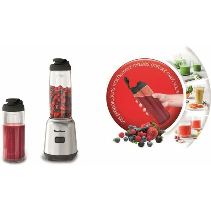 Moulinex LM15FD10 Smoothiemaker, 300 W, One-Taste, 0,6 Liter, 2 To-Go-Flaschen, abnehmbare Klingen, silber, schwarz – Bild 3